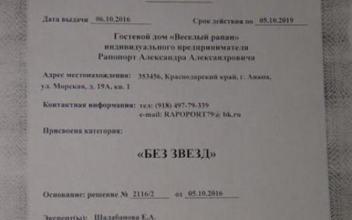 Свидетельство о присвоении категории, Гостевой дом "Весёлый Рапан" - Джемете